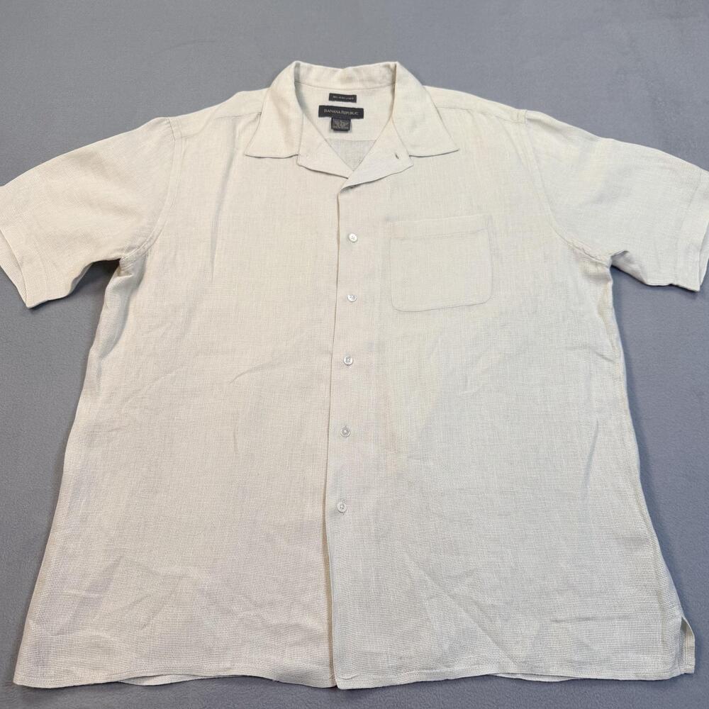 Banana Republic Shirt Mens Large Beige 100% Irish Linen Short Sleeve Button Up
